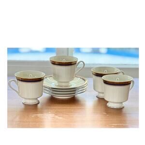 Vtg Fine China Cups & Saucers Alhambra Pattern by Ranmaru Cobalt Blue/Gold Set/4